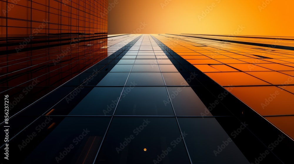 Poster a view of a skyscraper with the sun setting in front, ai