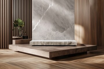 Interior of modern podium stand with marble and wooden walls