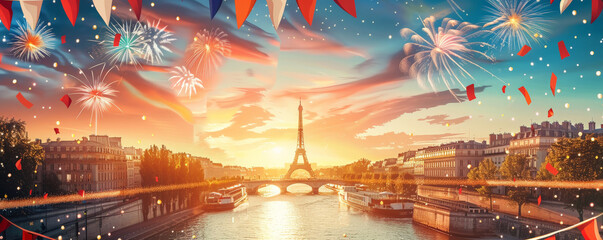 Bastille Day background with a scenic view of the Seine River decorated with French flags and fireworks in the sky.