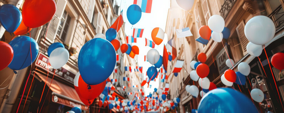 Bastille Day background with a street parade in Paris, showcasing French flags, balloons, and people celebrating.