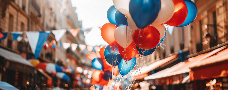 Bastille Day background with a street parade in Paris, showcasing French flags, balloons, and people celebrating.