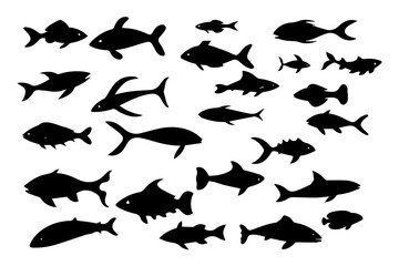 Fototapeta premium Collection of fish Silhouettes isolated on a white background