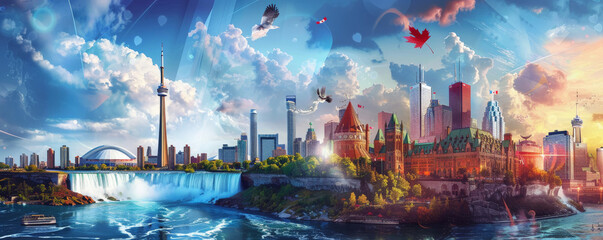 Canada Day background with a collage of Canadian landmarks such as Niagara Falls and Parliament Hill.