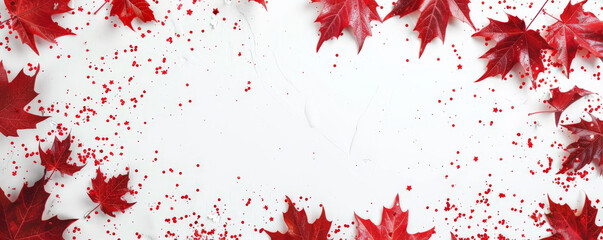 Canada Day background with a festive border of maple leaves and confetti, leaving space in the center for text.