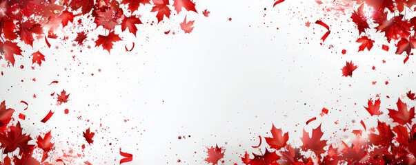 Canada Day background with a festive border of maple leaves and confetti, leaving space in the center for text.