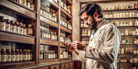 Pharmacist examining medicine bottle on wooden shelves
