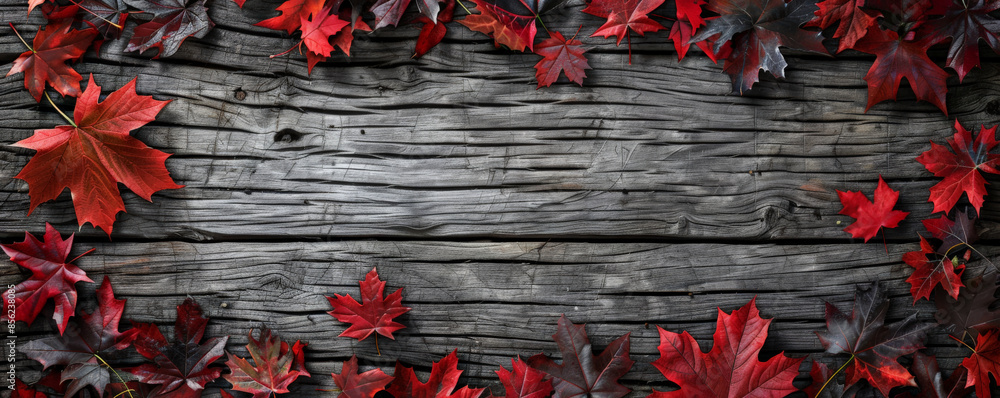 Canvas Prints canada day background with a rustic wooden texture and scattered maple leaves.