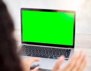 Hands, laptop and green screen in home office for typing, mockup space or communication on internet. Person, computer and chromakey display for user experience, freelance or creativity for web design