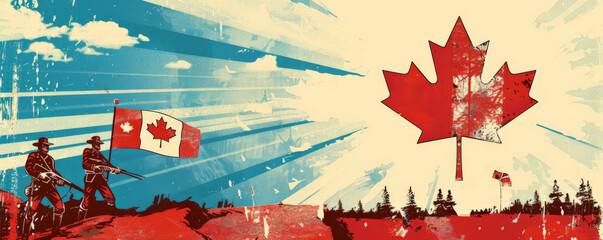 Canada Day background with a retro poster style featuring Mounties and Canadian flags.