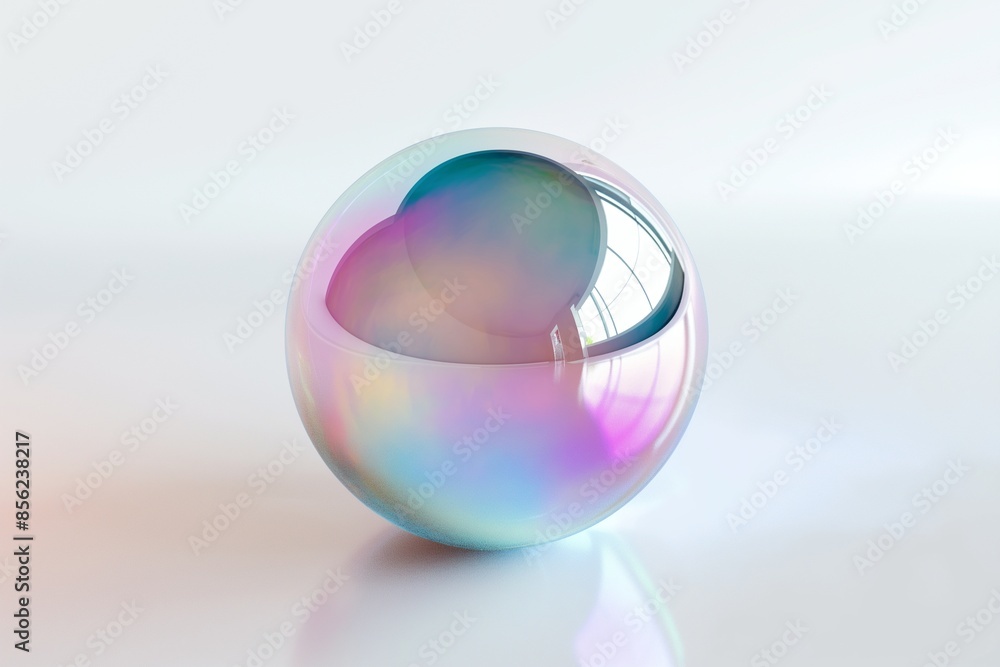 Aufkleber 3d rendering of an iridescent glass sphere floating on a pristine white background, showcasing shimm