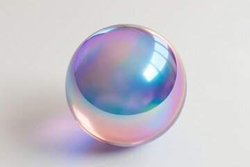 3D rendering of an iridescent glass sphere floating on a pristine white background, showcasing shimmering colors and reflections