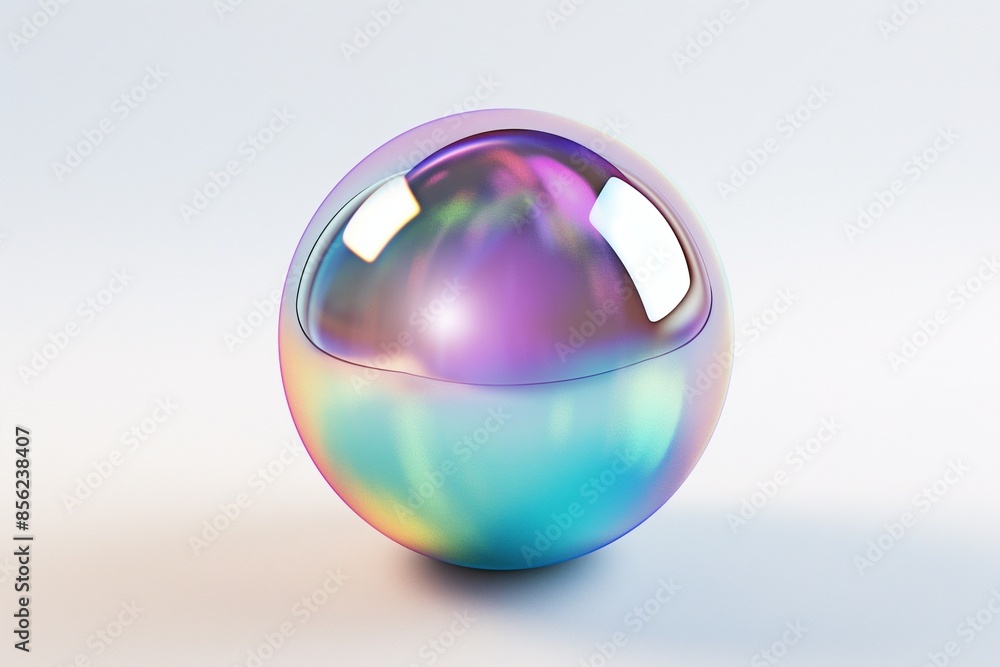 Poster 3d rendering of an iridescent glass sphere floating on a pristine white background, showcasing shimm