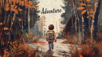 Obraz premium Child's adventure in autumn forest. Captivating illustration of a child walking through an autumn forest with a backpack, surrounded by falling leaves.