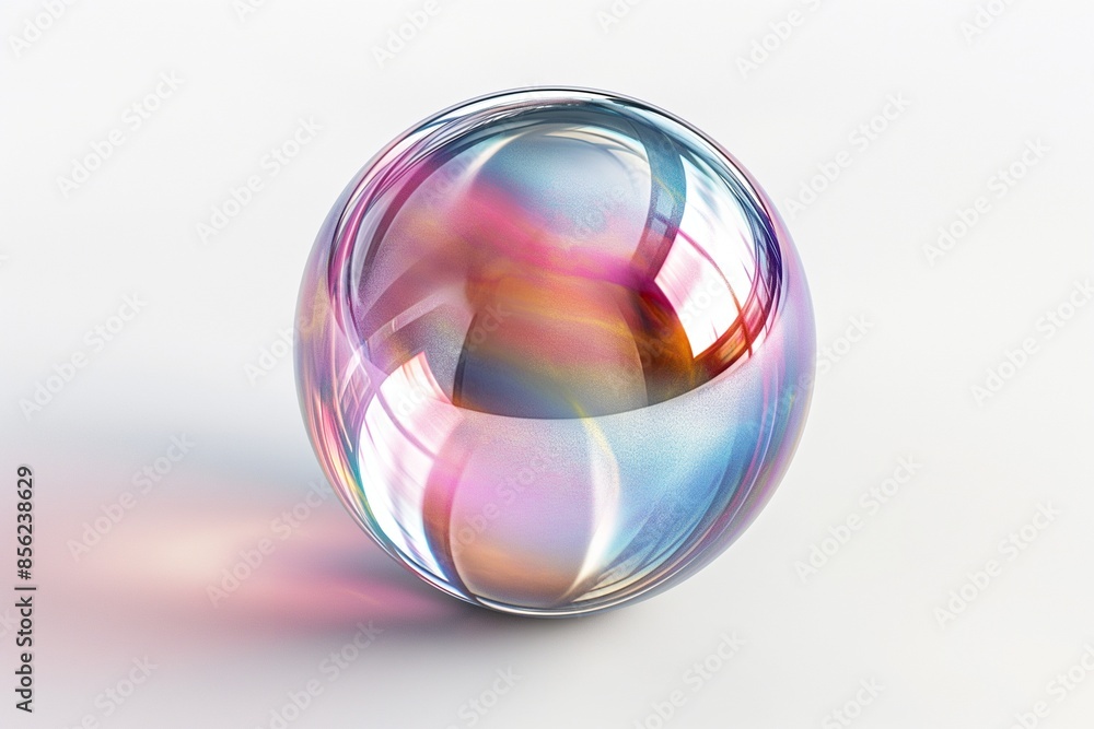 Poster 3d rendering of an iridescent glass sphere floating on a pristine white background, showcasing shimm