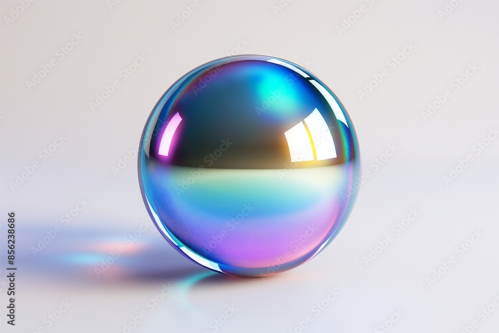 Poster 3d rendering of an iridescent glass sphere floating on a pristine white background, showcasing shimm