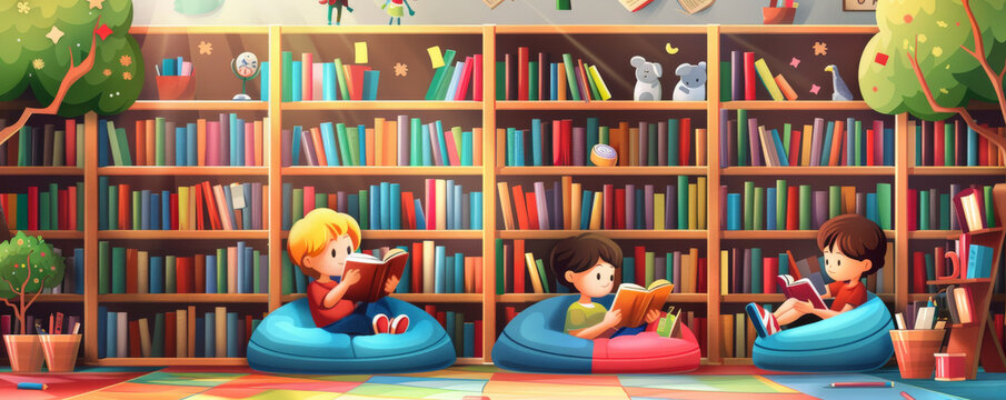 Children's Day background featuring kids reading books in a cozy library, surrounded by shelves filled with colorful books, bean bags, and a backdrop of whimsical illustrations.