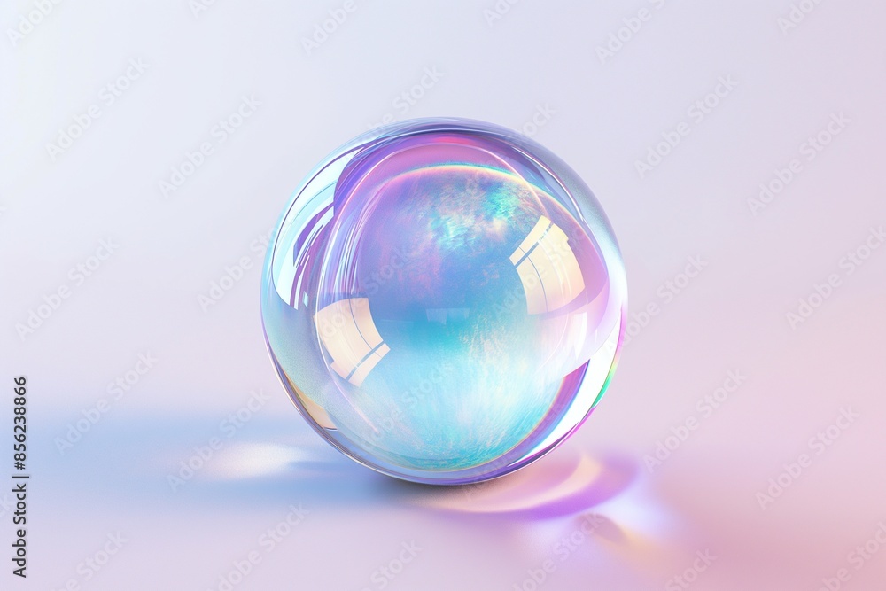 Poster 3d rendering of an iridescent glass sphere floating on a pristine white background, showcasing shimm
