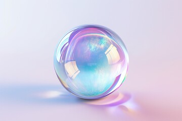 3D rendering of an iridescent glass sphere floating on a pristine white background, showcasing shimmering colors and reflections