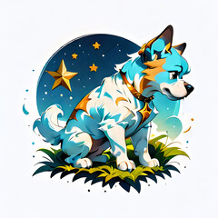 Vibrant illustration of a blue and white dog with a cosmic backdrop, adorned with stars, isolated on a white background. Perfect for fantasy art, children's books, and animal lovers' merchandise.