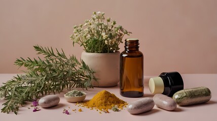 Herbal Supplements and Flowers on Pastel