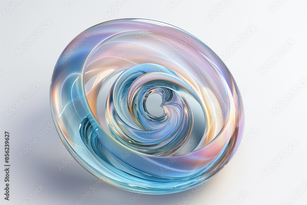 Poster 3d rendering of an iridescent glass spiral floating on a white background, with intricate details an
