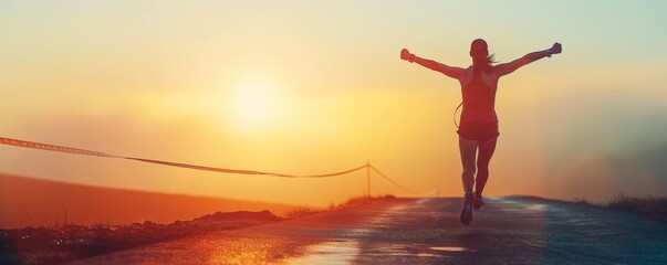 Female marathon runner with arms outstretched crossing the finish line against a sunset backdrop