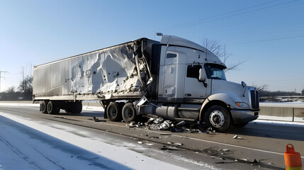 A view of an overturned truck on an highway in an accident.
