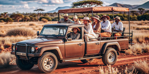 Fototapeta premium Group on safari vehicle exploring African savanna