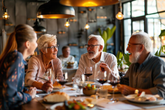 Group of senior friends enjoying healthy meal and conversation in restaurant