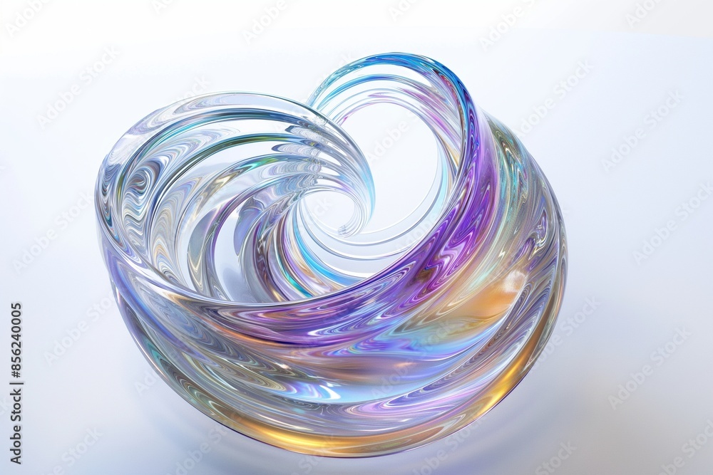 Poster 3d rendering of an iridescent glass spiral floating on a white background, with intricate details an