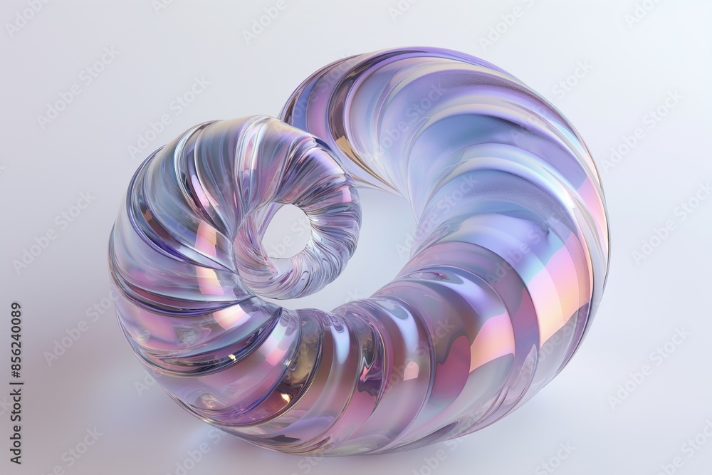 Poster 3d rendering of an iridescent glass spiral floating on a white background, with intricate details an