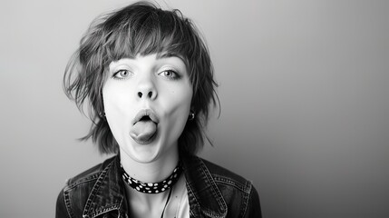 Young woman in black and white sticking out tongue