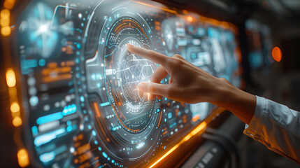 A hand navigating a futuristic digital interface with a circular display, glowing lines, and complex patterns, possibly controlling a system