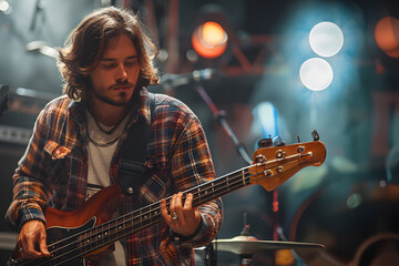 Obraz premium Portrait of a caucasian young man with beard, playing guitar at the stage