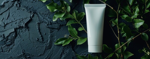White cosmetic tube on dark textured background with green leaves, natural skincare concept