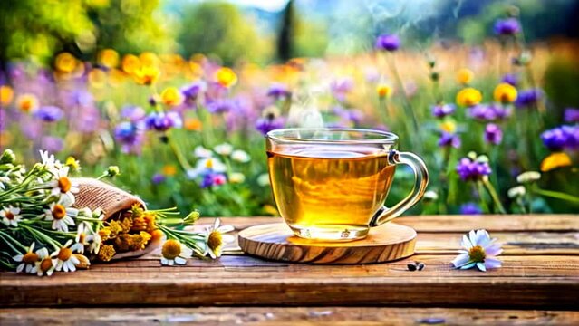 a cup of fragrant herbal tea on a wooden table against the background of a flower field