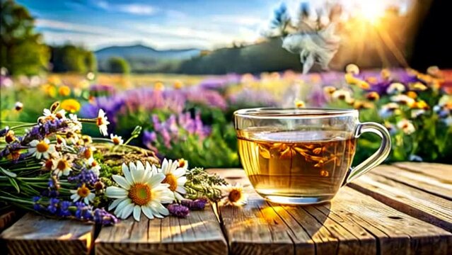 a cup of fragrant herbal tea on a wooden table against the background of a flower field