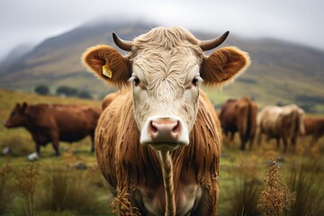 Quiet cow in the green field with mountains in the background., generative IA
