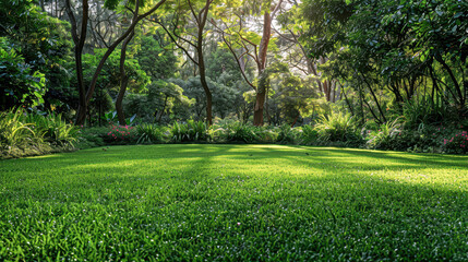 Obraz premium Serene Shade Garden Lush Green Lawn Under Tree Canopy with Ornamental Grasses in Dappled Sunlight