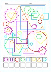 A printed sheet of a workbook with geometric shapes. Find it and count it. Education for children. Vector illustration.