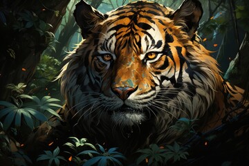 Sereno tiger rests on the lush twilight jungle., generative IA