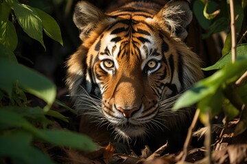 Golden tiger rests on the jungle showing strength and grace., generative IA