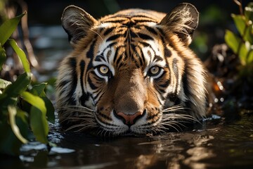 Majestic tiger next to a stream in the lush jungle., generative IA