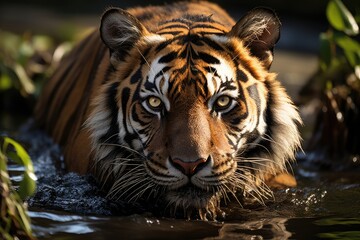 Majestic tiger next to a stream in the lush jungle., generative IA