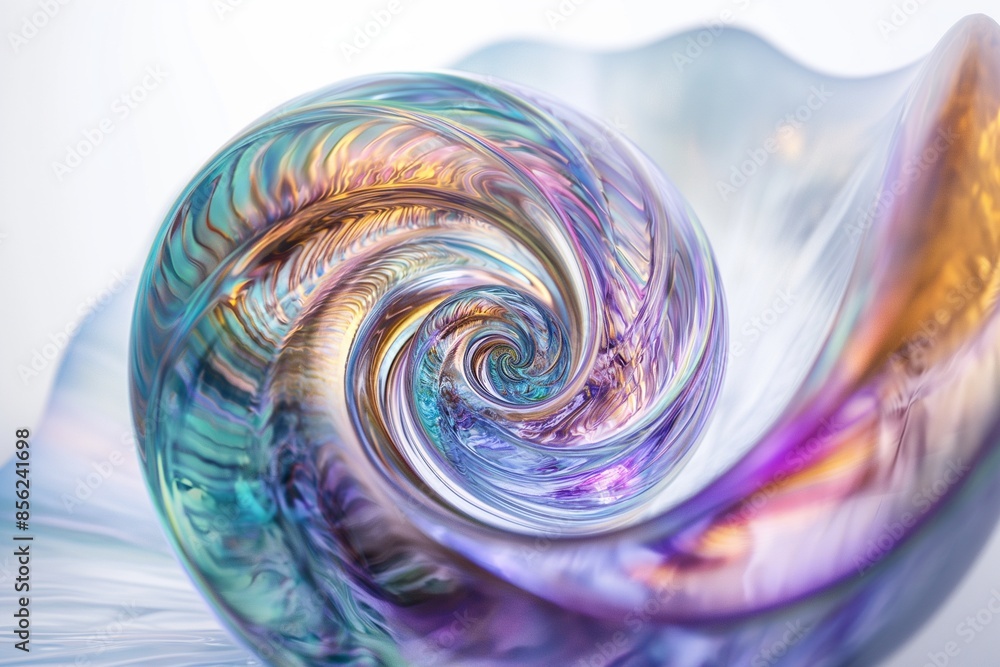 Poster 3d rendering of an iridescent glass spiral floating on a white background, with intricate details an