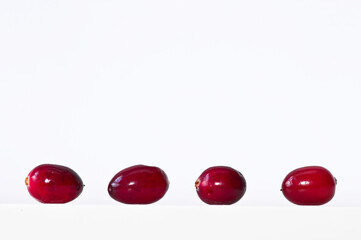 Four fresh, succulent cranberries in a row.
