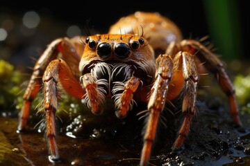 Fototapeta premium Weaver spider in web under the sun and dew., generative IA