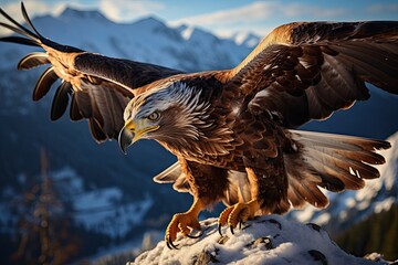 Majestic gold eagle flying over forest, holding snake in the claws. Power and freedom., generative IA