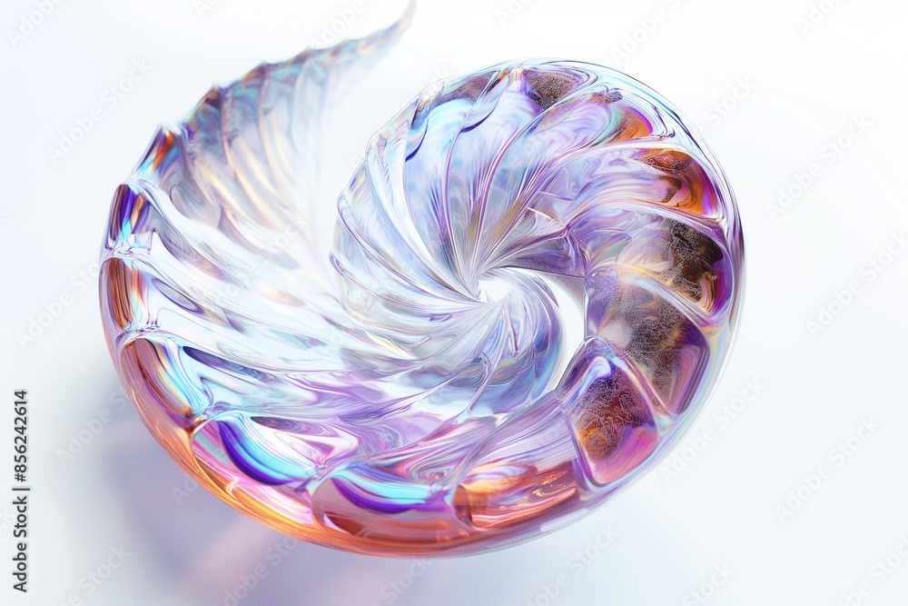 Poster 3d rendering of an iridescent glass spiral floating on a white background, with intricate details an