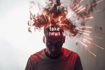 Angry person with fake news exploding from their head in fiery particles